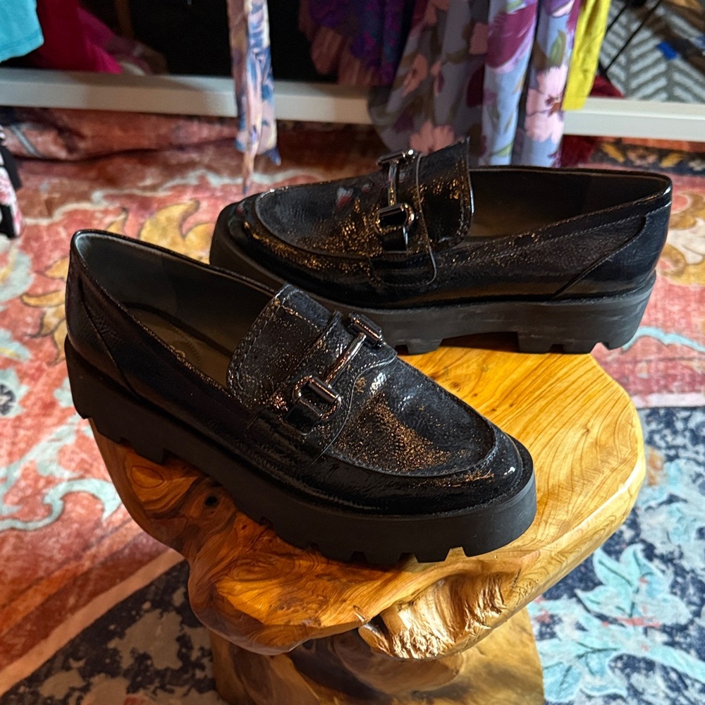 Franco Sarto Shiny Black Loafers with Buckle Detail